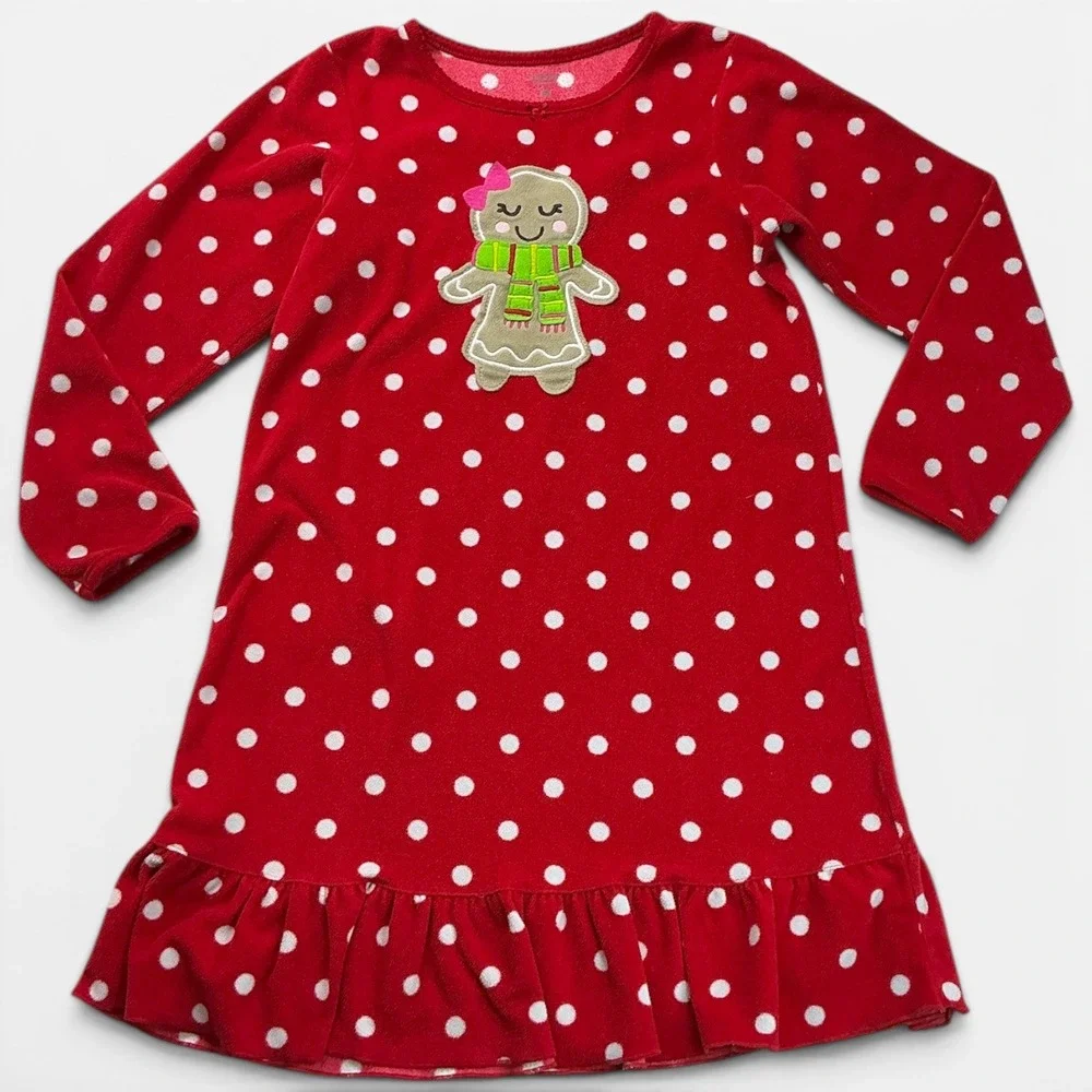 Carter's Red Nightgown Kids Size M 8 Gingerbread Polka Dot Fleece Pajamas